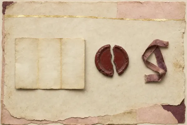A single blank leaf of heavy laid paper with a broken red wax seal and a length of ribbon lying loose beside it, the leaf carrying no writing at all.