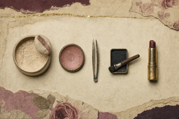 The components of a late-1920s face laid out in order of use: a box of loose powder with its puff, a pressed rouge, a pair of tweezers, a cake of eye black with its brush, and a lipstick, arranged in a single line.