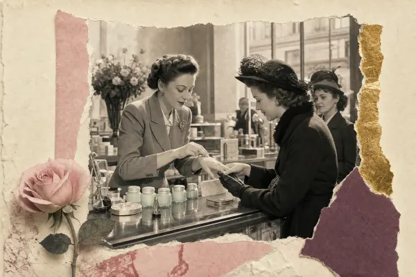 A late-1940s department-store beauty counter: a demonstrator in a neat suit smooths cream onto the back of a customer’s hand across a glass counter lined with small pale turquoise-blue glass jars.