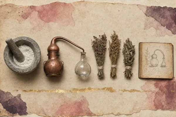 A still-room bench with a mortar of ground white mineral, a copper distilling vessel, dried plant material tied in bunches and an open notebook — cosmetic, medical and alchemical work sharing one surface.