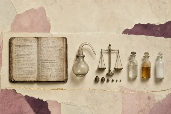 A handwritten recipe book open on a work table, its page crowded with numbered entries in several hands, beside a small glass alembic, a balance with brass pans and three stoppered phials.