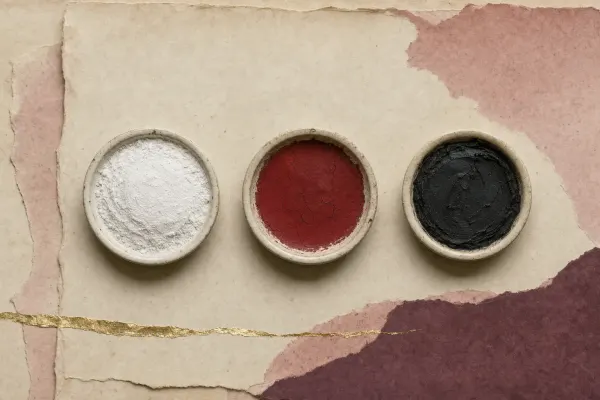 Exactly three shallow dishes on parchment holding a dense white powder, a deep crimson film and a dark black paste, evenly spaced with nothing else in frame.