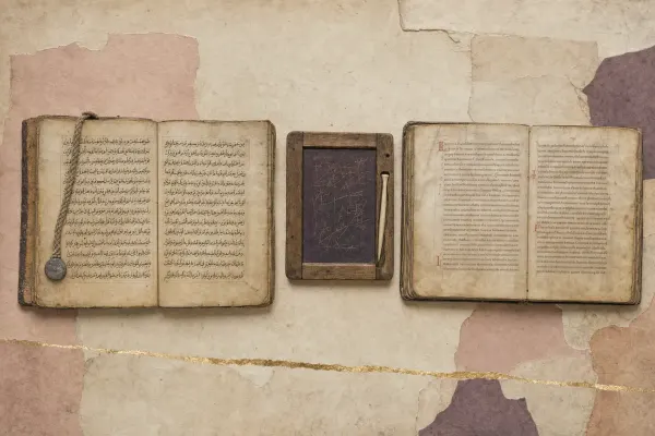 Two open manuscripts side by side on a desk — one in Arabic script, one in Latin minuscule — with a wax tablet of working notes and a stylus between them.