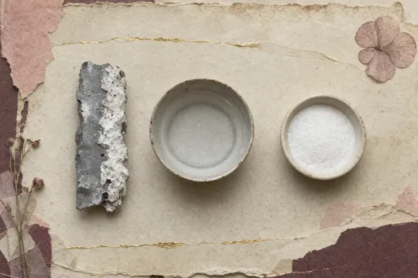 A corroded strip of lead metal with white crust growing on its surface, beside a shallow bowl of cloudy liquid with white sediment settling at the bottom and a dish of fine dry white powder.