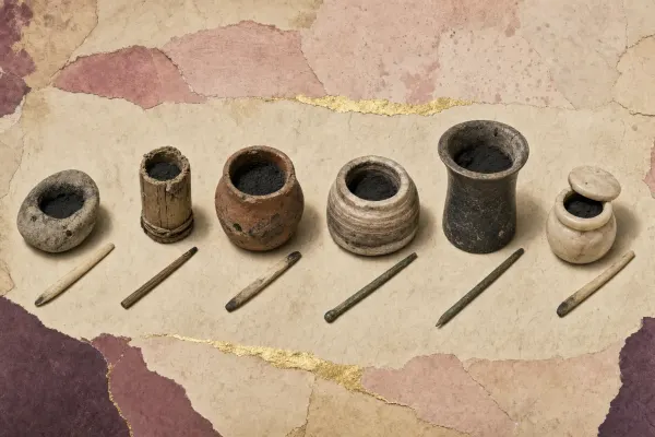 Six Egyptian kohl containers of very different quality laid in a row, from a plain hollowed pebble and a rough reed tube to a turned stone jar and a fine polished vessel, each with a thin applicator stick.