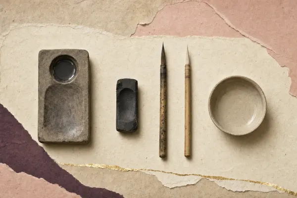 A small stone ink-grinding slab with a dark cake of pigment, two fine brushes and a shallow water dish, laid out in a row on parchment.