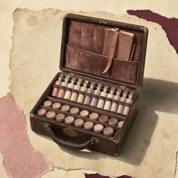 A saleswoman’s sample case opened on a doorstep: a fitted leather box with rows of small bottles and pots held in loops, a printed order book and a pencil tucked into the lid.