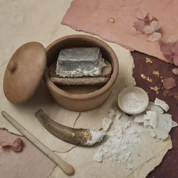 A squat earthenware pot with its lid leaning against it and a brick-sized block of lead resting on a ledge inside, above a pool of vinegar in the bottom; the block is crusted with thick white bloom. Beside the pot lie curled flakes of the scraped crust and the same material ground to a dense flat white powder, with a horn scraper edged in white.