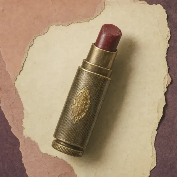 An early 1920s lipstick case in worn gilded metal, a flattened oval barrel cut with fine machine-turned lines, standing at an angle with its carmine-red stick wound two-thirds up and a ribbed turning head at the base.