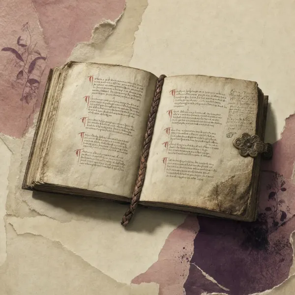 A small medieval codex opened to a page of recipe paragraphs with red initials and marginal annotations in a later hand, its vellum cockled and its lower corner darkened by use.
