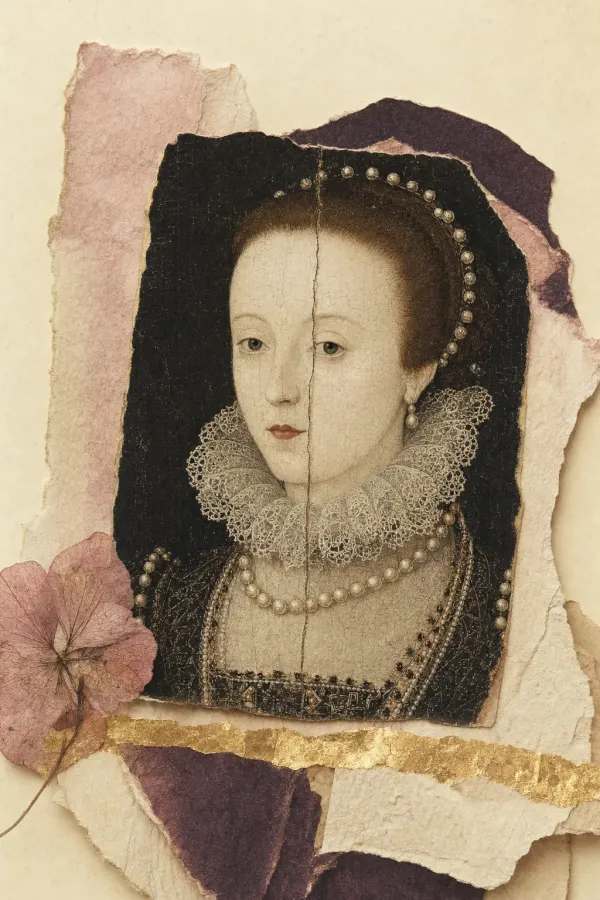 A late sixteenth-century panel portrait of a woman with an unbroken white complexion, high clear forehead and small reddened mouth, its surface showing fine craquelure and a repaired split in the panel.