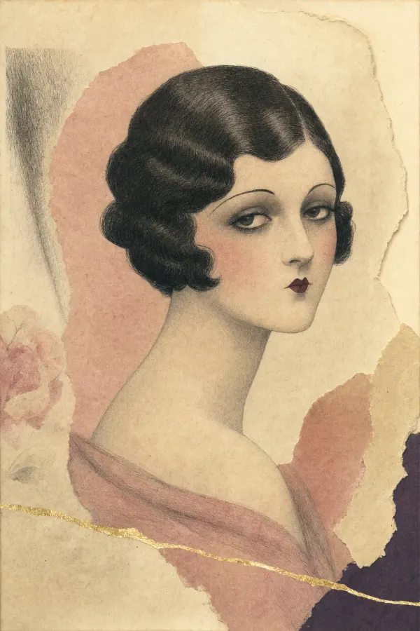 A drawn magazine beauty plate of the mid-1920s: a woman with a dark finger-waved bob, matte pale skin, thin downward brows, smudged dark eyes and a small sharply peaked mouth, printed slightly off-register on yellowed paper.