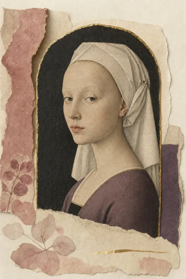 A painted panel portrait in the late medieval manner showing a woman with a very high plucked hairline and almost no brows, her hair entirely covered by a folded linen headdress.