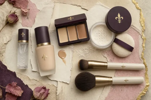 An overhead collage of unbranded complexion makeup in plum and ivory cases with gold fleur-de-lis emblems: a clear primer gel, a bottle of tinted moisturiser beside a drop of it on a card, a compact of concealer in three skin shades, a jar of colourless loose powder with a velour puff and a dusting of powder, and two brushes, on torn parchment with a gold-leaf edge.