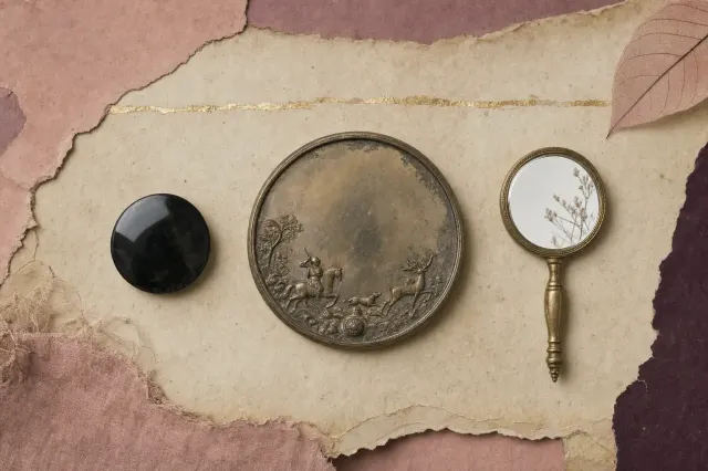Three mirrors of different technologies set out in a row: a small convex disc of polished obsidian, a black volcanic glass, giving back only a dark shape; a larger cast bronze disc whose back is worked in low relief with a hunting scene and whose face is a dull silver-grey; and a small nineteenth-century hand mirror of silvered glass in a thin stamped brass frame, its reflection bright and sharp.