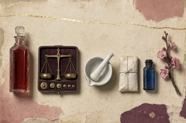 A Meiji pharmacy counter in a row: a faceted bottle of ruby-red skin lotion, brass apothecary scales, a porcelain mortar and pestle, a paper packet of white powder, a blue medicine bottle and a sprig of plum blossom.