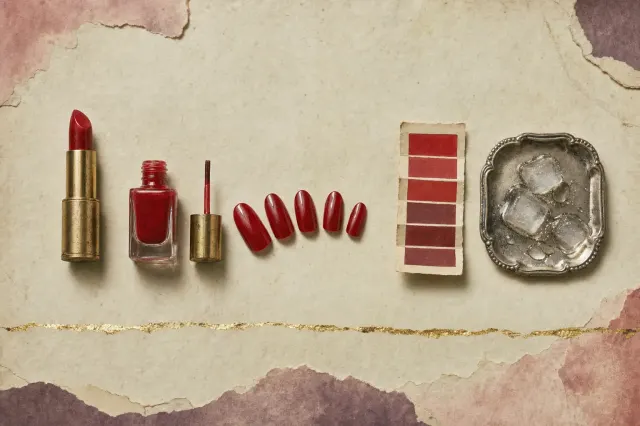 A matched set in scarlet: an open gold lipstick, a bottle of nail enamel in the same red, five painted fingernails in a fan, a card of red swatches and cubes of ice melting on a silver tray.