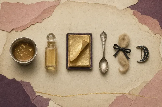 A remedy of drinkable gold in a row: a silver cup of amber broth flecked with gold, a stoppered phial of golden liquid, a book of gold leaf with one sheet lifted, a silver spoon, a lock of fair hair tied with black ribbon and a crescent-moon brooch.