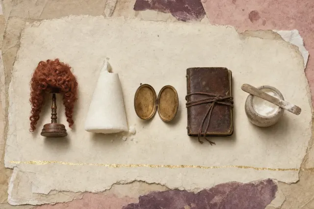 Objects from the evidence for Elizabeth I's face: a red wig on a wooden stand, a broken cone of sugar, an empty gold locket lying open, a closed leather notebook tied with a thong and a small pot of white paste with a wooden spatula.