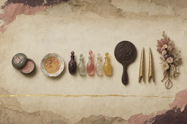 The Empress Dowager's dressing things in a row: a cloisonné box of pink powder, a dish of honey with flower petals, small coloured-glass perfume bottles, a hand mirror face down, a pair of gold nail guards and a hair ornament of silk flowers and pearls.