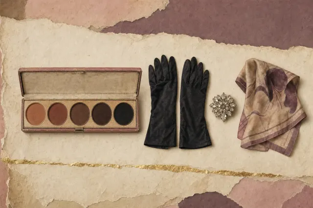 An open palette of five pressed powders running from warm bronze to near-black, beside long black satin evening gloves, a rhinestone brooch and a folded silk scarf.