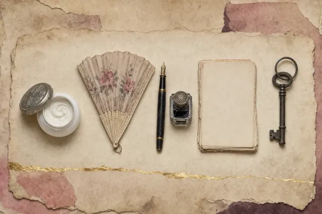 A Gilded Age cosmetics maker's life in objects: a milk-glass jar of face cream with its lid off, a painted French silk fan, a fountain pen and inkwell beside plain writing paper, and a long iron key.