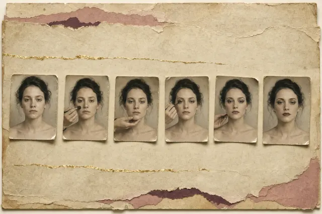Six photographic prints of the same person laid out in a row, running from a bare face to a finished one, with the make-up artist's hand still visible inside four of the pictures holding a brush against a cheek or steadying a chin.