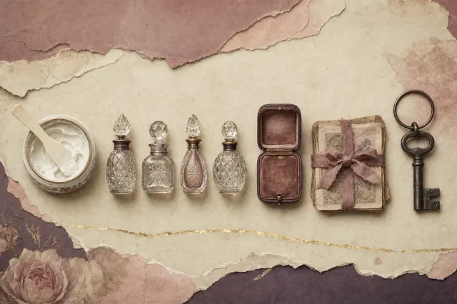 The business of a Victorian beauty fraud in a row: a pot of thick white enamelling paste with an ivory spatula, four cut-glass scent bottles, an empty velvet jewel case, a bundle of banknotes tied with ribbon and a heavy iron key.