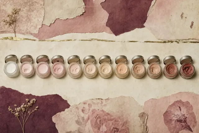 Twelve small glass jars of cream greasepaint in a graded row with their lids open, running from near-white through pinks and warm beiges to a deep reddish brown, between torn papers and a line of gold leaf.