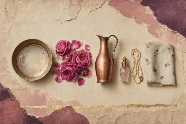 The making of rose oil: a brass dish of rose-water with an oily film on its surface, a heap of pink damask roses, a copper jug, a tiny cut-glass attar bottle, a coiled string of pearls and folded flowered muslin.