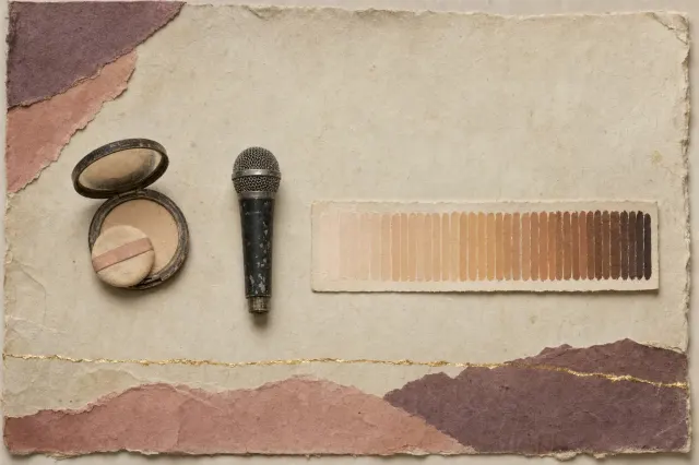 An open compact of setting powder with its puff, a stage microphone, and a strip of card painted with a long run of foundation swatches from the palest shade to the deepest.