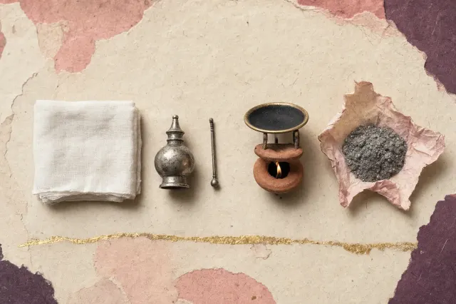 Kohl beside a baby's things: a folded square of white cotton swaddling, a small silver kohl flask with its applicator rod, a clay oil lamp with a brass dish above its flame blackened with soot, and a twist of pink paper holding a heap of grey, metallic-glinting powder.