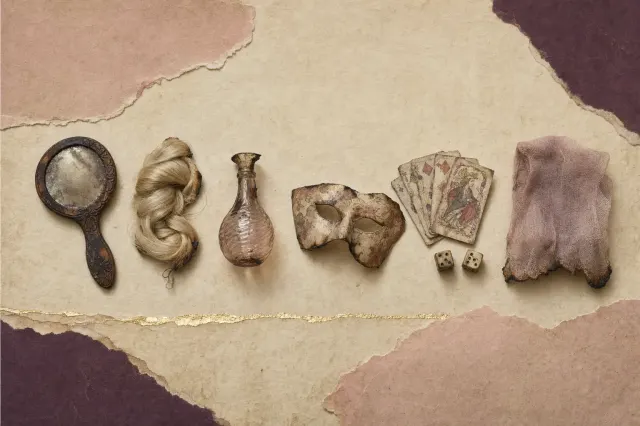 Vanities of the kind burned in fifteenth-century Florence: a carved wooden hand mirror, a coil of false hair of pale yellow silk, a small glass scent flask, a papier-mache half-mask, a fan of old playing cards with two dice, and a gauze veil with a scorched hem.