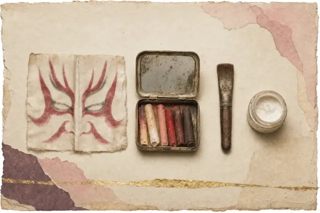 The stage face in objects: a square of pale silk bearing a red-and-black imprint of a kabuki make-up face, an open tin with a mirror in its lid holding worn stubs of greasepaint, a flat brush and a small jar of white removing cream.