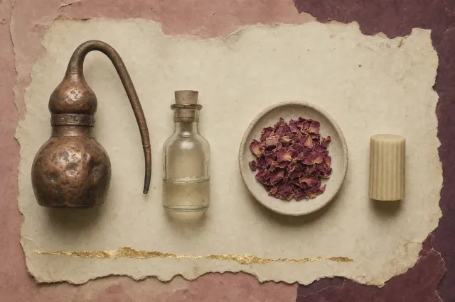 A copper still with a long condensing spout, a small flask of clear distillate, a dish of dried rose petals and a short moulded stick of solid perfume, laid out in a row.