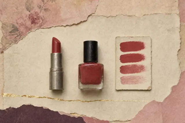 A lipstick bullet, a small bottle of nail lacquer and a card of four brushed colour swatches, all in the same warm brick red, laid in a row on parchment.