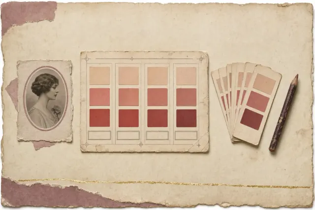 A printed counter chart of the later 1920s divided into four complexion columns, each headed with a category name and carrying a vertical strip of powder, rouge and lip swatches, with a stack of loose shade cards beside it.