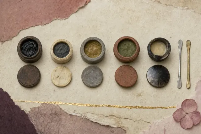 Five small plain boxes of different materials laid in a row, each open to show a differently coloured eye ointment, with two slender metal sticks lying beside them.
