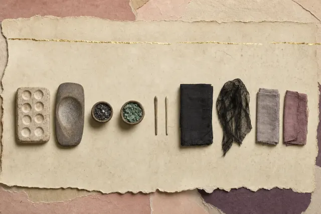 An undertaker's restorative-art case of about 1930, open at an angle: eight stoppered glass jars of tinted flesh-toned cream bedded in faded plum velvet, with three fine brushes and a bone spatula, one jar used down.