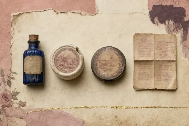 Three nineteenth-century complexion preparations in apothecary packaging — a ribbed blue glass bottle, a stoneware ointment pot and a flat tin — with a folded printed leaflet beside them.