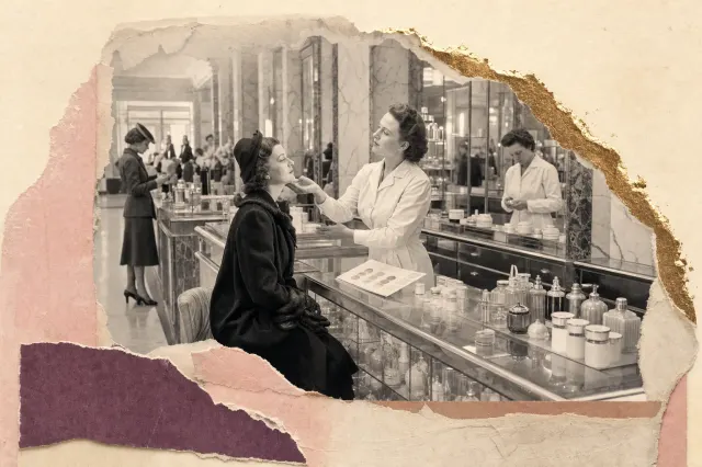 At a department-store cosmetics counter of the late 1930s, a woman in a white coat behind a glass-topped case tilts a seated customer's chin to the light, ranked pots and jars and a soft down puff laid out in front.