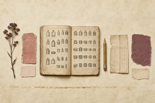 A thick mail-order catalogue lying open on a kitchen table at a page of toilet preparations, its columns ruled into small engravings and price lines, with a pencil and a folded order form across the gutter.