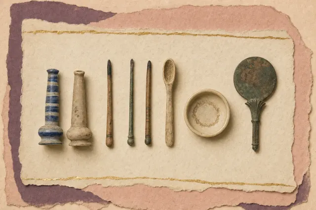 An Egyptian cosmetic assemblage: two kohl tubes with heavy bases, slender applicator rods, a carved unguent spoon, a small dish and a disc of polished bronze mirror with a papyrus-form handle.