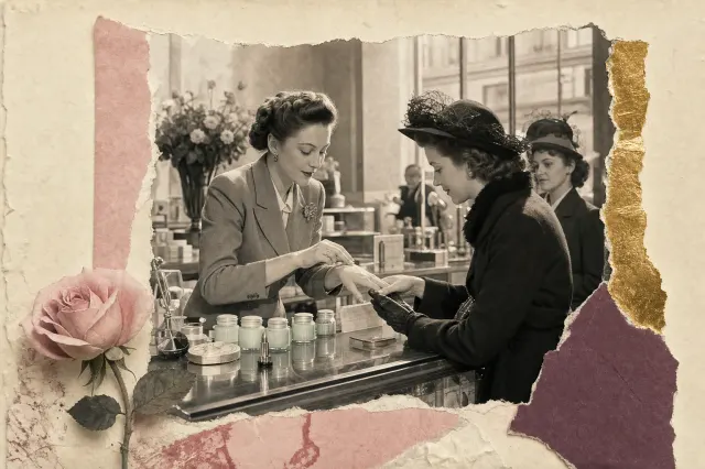 A late-1940s department-store beauty counter: a demonstrator in a neat suit smooths cream onto the back of a customer’s hand across a glass counter lined with small pale turquoise-blue glass jars.