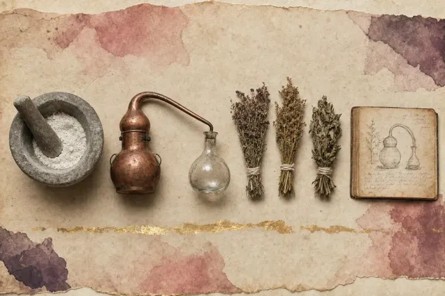A still-room bench with a mortar of ground white mineral, a copper distilling vessel, dried plant material tied in bunches and an open notebook — cosmetic, medical and alchemical work sharing one surface.