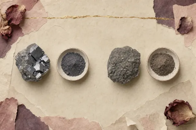 Two lumps of grey galena ore of visibly different character laid beside two small dishes of the dark powder ground from them, the two pairs separated by a gap on bare parchment.