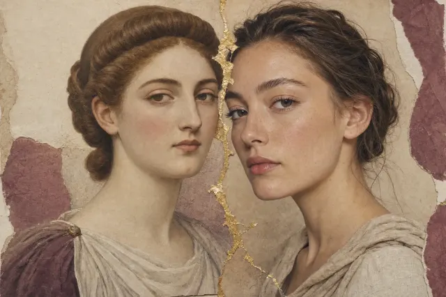 On the left a Roman woman, complexion evened to an unbroken pale with red on the cheek alone, hair rolled above the brow; on the right a woman today, skin texture visible, faintly flushed, brows brushed up and unfilled.
