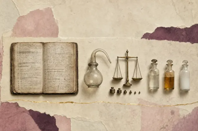 A handwritten recipe book open on a work table, its page crowded with numbered entries in several hands, beside a small glass alembic, a balance with brass pans and three stoppered phials.