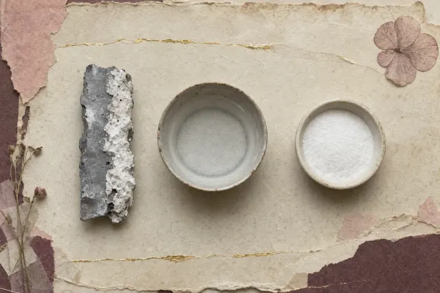 A corroded strip of lead metal with white crust growing on its surface, beside a shallow bowl of cloudy liquid with white sediment settling at the bottom and a dish of fine dry white powder.