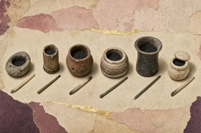 Six Egyptian kohl containers of very different quality laid in a row, from a plain hollowed pebble and a rough reed tube to a turned stone jar and a fine polished vessel, each with a thin applicator stick.